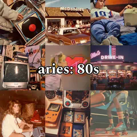 A collage of various images organized in a grid. One shows a stack of vinyl records with a red label. Another features a classic diner scene with "Mel's DRIVE-IN" in bright neon. Other images capture retro aesthetics, including a vintage TV set and a person wearing roller skates in front of a basketball court. In the center, text reads "aries: 80s" in bold white font with a pink and orange background.