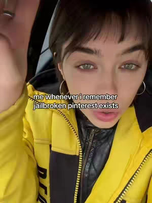 A selfie-style shot featuring a woman with short dark hair, large hoop earrings, and a yellow jacket. The text overlay reads, 'me whenever i remember jailbroken pinterest exists.'