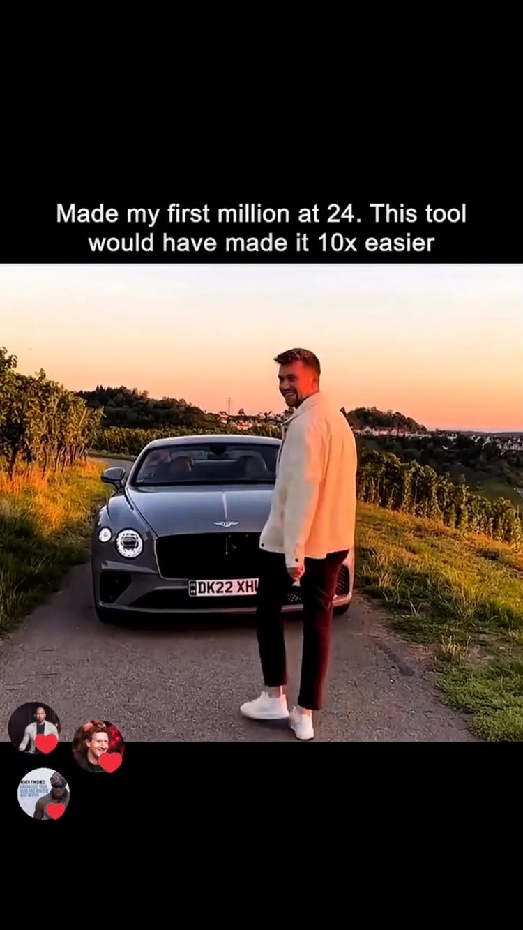 A man stands next to a gray Bentley convertible on a paved road with a rural background at sunset. The man is smiling and looking towards the camera, with a text overlay above him.