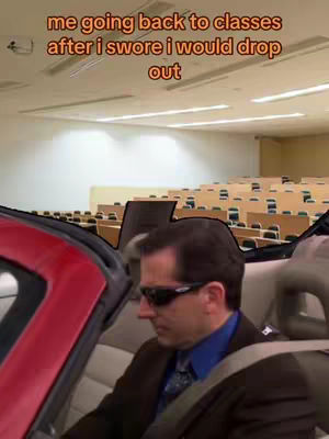 The image shows a man in sunglasses inside a red convertible, with a classroom visible through the open roof. Text is overlaid at the top, and the man appears to be the focus.