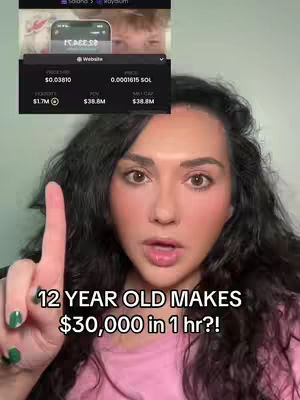 A woman with dark curly hair and a light pink shirt is pointing her index finger towards the camera, her eyes are wide open. Behind here, a screen recording shows a website with financial information overlaid on top, and slightly behind her, an inset image displays a close-up of a young boy's face looking at the screen.