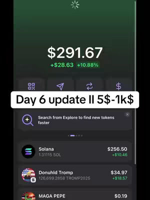 The cover image shows a screen of a cryptocurrency app. The app displays a total balance of $291.67 with a positive increase of $28.63 and a percentage gain of 10.88%. Below, several cryptocurrency holdings are listed, including Solana and a meme coin called "Donuhld Tromp". The background is a gradient of dark and light green. The title "Day 6 update II 5$-1k$" is displayed in a white rectangular box.