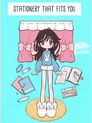 An illustration of a cartoon girl in a room setting. The girl has black hair and is wearing a blue sweater and white skirt. She is standing inside of a window with pink curtains. In front of her are various stationery items. Text at the top says, “STATIONERY THAT FITS YOU”. The background is a light blue color.