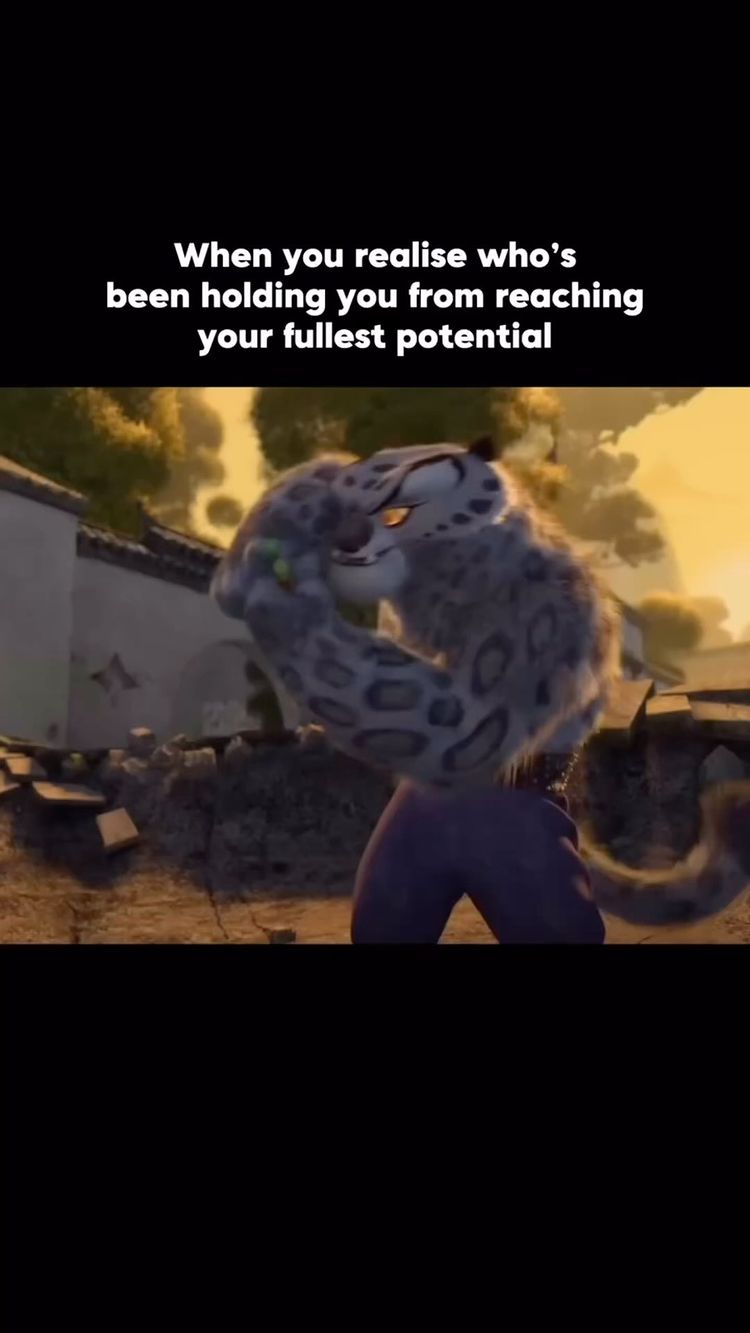 The cover image shows a scene from an animated film. A snow leopard with a determined expression is shown in a fighting stance, against the backdrop of a traditional building and a golden, blurred background. The text overlay reads, "When you realise who's been holding you from reaching your fullest potential".