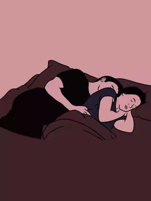 An animated illustration shows a couple in bed. One person is lying down on the right side of the image with their eyes closed, while another person is lying behind them, embracing them close.