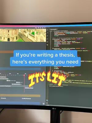 A split-screen showing a computer monitor displaying code on the right and application screen on the left. In the middle, a blue text overlay reads: If you're writing a thesis, here's everything you need. Below this, a text graphic reads 'ITS LIT' in yellow and red flames.
