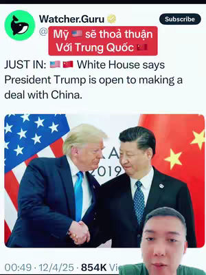 The cover image juxtaposes a formal handshake image of Donald Trump and Xi Jinping with a lower-third of a man looking at the camera. Above this is a text overlay indicating the USA and China are in agreement.