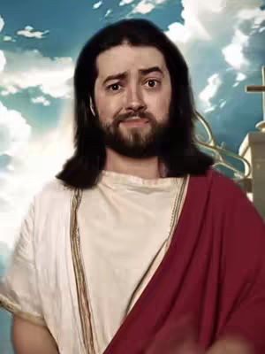 The image features a man dressed as Jesus, set against a backdrop of a cloudy sky and a golden cross. The man has long dark hair, a beard, and is wearing traditional robes of white with a red cloak draped over one shoulder.