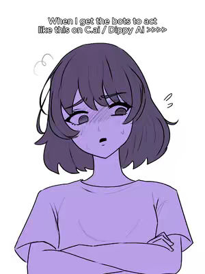 An anime-style illustration of a young woman looking concerned. She has short, dark hair, and her expression shows worry and a slight blush. Overlaid text implies a connection to bots and a comparison to an AI character.