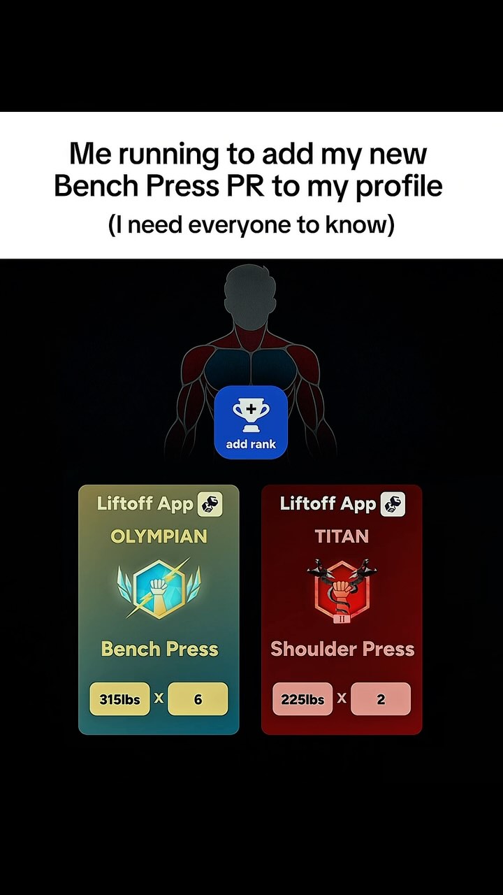 The image showcases a black background with text overlays and app UI elements. At the top, white text reads "Me running to add my new Bench Press PR to my profile (I need everyone to know)". Below this, a simplified silhouette of a person is visible. In the center is a blue square with a trophy icon and the text "add rank". Beneath this, two app display cards from the "Liftoff App" are shown. The first card is green with "OLYMPIAN", "Bench Press", and stats "315lbs X 6" displayed. The second card is red featuring "TITAN", "Shoulder Press", and stats "225lbs X 2".