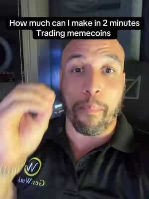 A man with a shaved head and beard looks directly at the camera. Text overlayed on the image states, "How much can I make in 2 minutes Trading memecoins". The man is wearing a black polo shirt with a logo on the left breast.