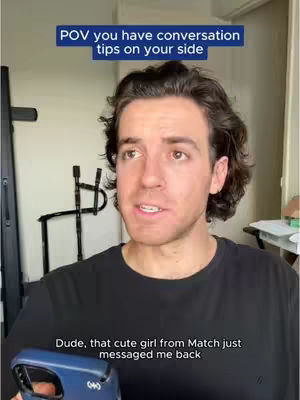 A man with dark hair looks upwards while speaking. Text overlays appear above and below the man, suggesting a conversation theme with dating app references, and a phone held in foreground.