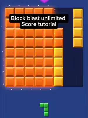 The cover image shows a screenshot of a mobile game, likely Block Blast, with a grid of orange blocks. A text overlay indicates it is an unlimited score tutorial.