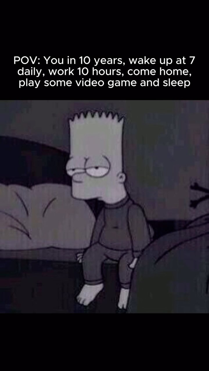 The image features Bart Simpson sitting on a bed in a dimly lit room. He has a sad or contemplating expression on his face. Above him is the text overlay.