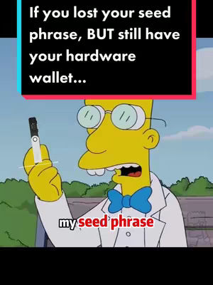 The image is a cartoon still featuring a character from 'The Simpsons' in a lab coat. The character, with yellow skin, glasses, a bow tie, and wild white hair, is looking worried with a hardware wallet in one hand. Text overlays are set in rectangular boxes on top and bottom of the frame. The background shows a green lawn.