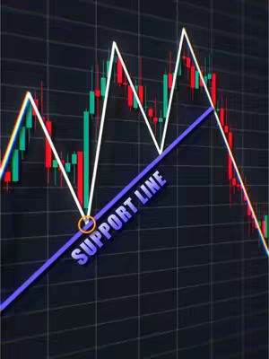 The cover image displays a chart illustrating a stock market trend, featuring candlestick patterns, white lines suggesting a 'W' pattern, and a blue line labeled 'SUPPORT LINE'. The background is a dark grid.