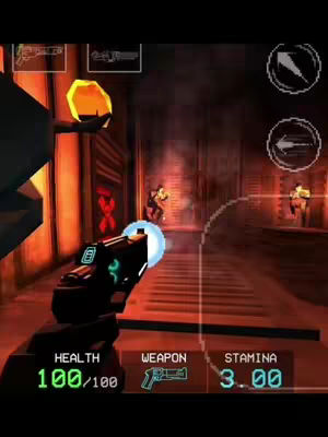 The image is a screenshot from a mobile game, with a first-person perspective. A weapon, resembling a futuristic pistol, dominates the foreground on the bottom-left, with the user interface showing health, weapon and stamina.. In the background, a hallway is visible with enemies. Overall looks like an action-packed FPS game.