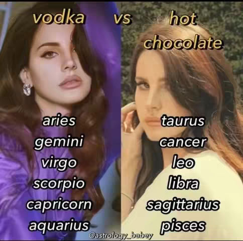 A split image featuring a young woman on each side, each with different makeup and clothing. The left side has a purple background, while the right side has a natural outdoor scene. Text overlays lists zodiac signs and related terms ('vodka' vs 'hot chocolate').