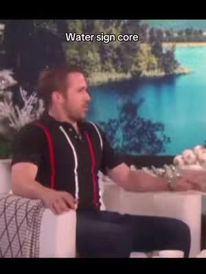 The image features a man in a black polo shirt with white and red stripes. He is seated in a chair, with a background of a scenic view of water and trees. The text 'Water sign core' is positioned at the top of the image.