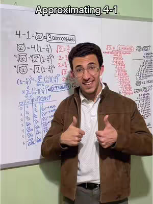 A man in a brown jacket and glasses stands in front of a whiteboard covered with handwritten math equations, giving a thumbs-up with each hand. The whiteboard has text overlay saying "Approximating 4-1".