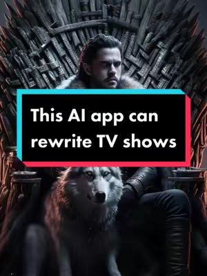 The cover image features Jon Snow sitting on the Iron Throne, with a direwolf at his feet. Above him, over a backdrop of the throne room, is a text overlay stating "This AI app can rewrite TV shows."