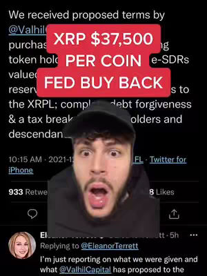 The cover image displays a screenshot of a Twitter post with a surprised man's face superimposed at the bottom. Red boxes with white text overlay the Twitter post, which contains text about XRP cryptocurrency. White text and a woman's profile picture are at the bottom in a Twitter thread. Overall, the image uses a combination of screenshots and text overlays to convey financial information.