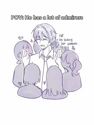 An anime style illustration with a white background depicts a young man surrounded by several figures. The man, with light-colored hair, is positioned in the center and appears to be smiling, his expression suggesting happiness or slight embarrassment. The other figures, composed of generic outlines of heads and shoulders, seem to be admiring him from various angles and heights. Text overlays at the top indicate a point of view.