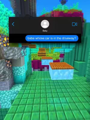 The image shows a Minecraft-style environment with a simulated text message overlayed on top. The background consists of pixelated green and blue blocks, creating the impression of a game scene. A dialogue box, styled to resemble an iPhone message, is positioned over a section of the scene, displaying a conversation between two fictional characters. It is a stylized visual referencing the game and a text message.