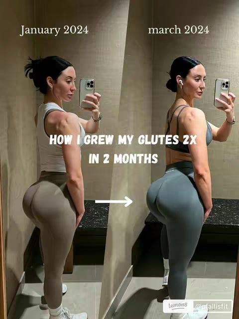 A split-screen image comparing a woman's physique from January 2024 to March 2024. The image shows the woman from the side, wearing athletic attire, with the 'before' image on the left and the 'after' on the right, highlighting changes in her gluteal muscles.  The woman is holding her phone up, suggesting she may be taking a selfie.  The background is a simple washroom setting.