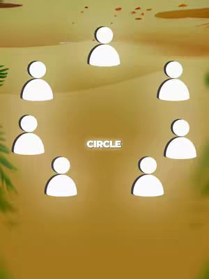 A cover image with a tan background. There is a circle of 7 white silhouettes of people near the top of the frame. There are some green leafy elements in two corners of the image. In the centre is a text label that reads "CIRCLE".
