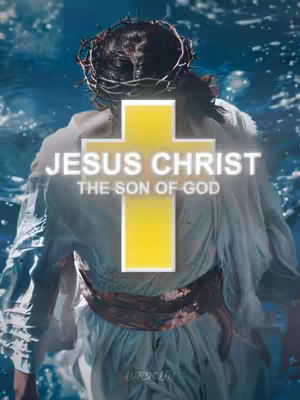 The image portrays Jesus from the back, wearing a crown of thorns, set against a blurred, dark blue background that suggests water or the sky. A large, yellow cross is superimposed over his body with the text "JESUS CHRIST THE SON OF GOD" in a white, bold font. The overall composition uses a cool color palette with a focus on the central figure of Jesus.
