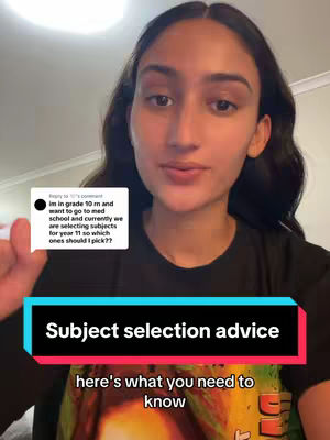 A young woman with dark hair is centered in the frame, looking directly at the camera. She is wearing a black t-shirt. Behind her and slightly out of focus is a neutral-toned interior. Overlaid on the image are text boxes. One contains a question about picking year 11 subjects. Another box, in bright colors, reads 'Subject selection advice' and 'here's what you need to know.'
