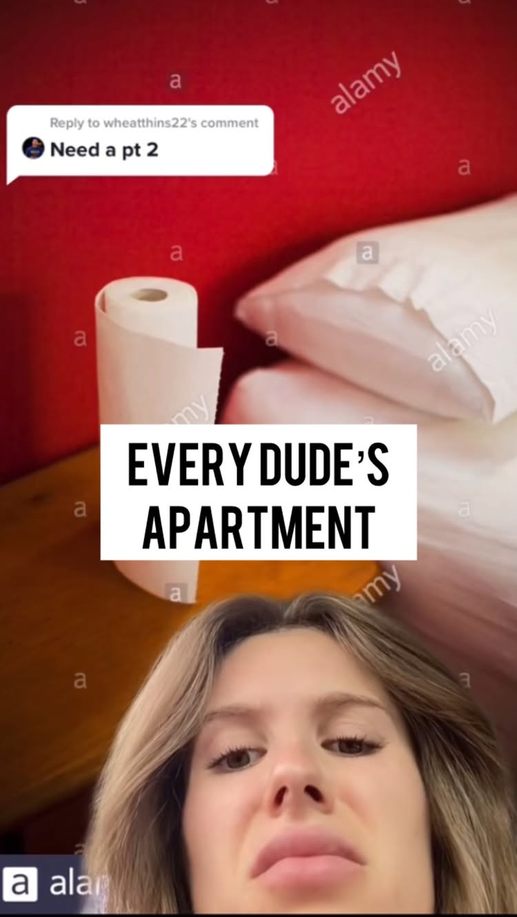 The image features a woman with a slightly disgusted look on her face. Overlaid on the image is a graphic with the text "EVERY DUDE'S APARTMENT". In the background, there's what appears to be a red wall, a white sheet and a roll of paper towels on a wooden surface. The top left corner contains a speech bubble from a comment asking for a second part video.
