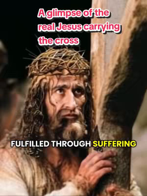 The image shows a close-up of a man with long, dark hair wearing a crown of thorns and carrying a wooden cross. He has a sorrowful expression, looking down. The background appears to be a darker scene with hints of other figures in the periphery, suggesting a biblical narrative of Jesus carrying the cross. Text is overlaid on the image.