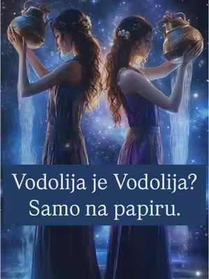 Two figures of women, mirroring each other, stand in a celestial scene, each holding a golden, ornate vase above her head. They're set against a backdrop of swirling blues and sparkling lights, evoking a cosmic or magical atmosphere. A banner at the bottom displays text in a contrasting color.