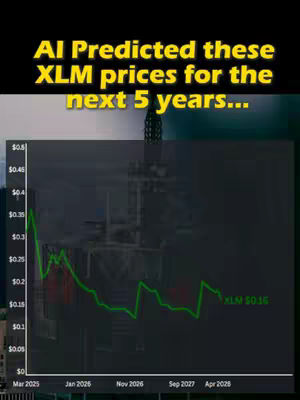The cover image displays a graph showing AI-predicted prices for XLM (Stellar) over the next 5 years, with a cityscape backdrop. The graph has a green line indicating price fluctuations, with the current price of XLM at $0.16. The text overlay at the top says, "AI Predicted these XLM prices for the next 5 years..."