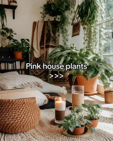 An indoor scene with a cozy, bohemian aesthetic. The focus is on an array of houseplants in various sizes and colors, suggesting a plant-lover's haven. Different shades of green are prominent in the plants. The composition has a relaxed vibe.