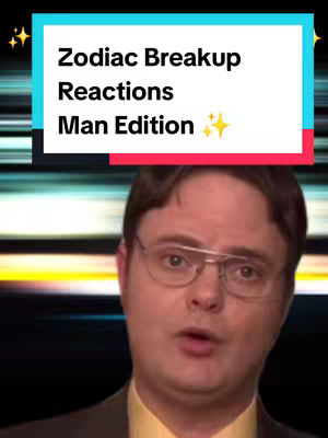 The cover image features a man with glasses, and a yellow shirt and a brown suit, looking directly at the camera with a neutral expression. Above the man is a text box with the words 'Zodiac Breakup Reactions Man Edition' and two star emojis.