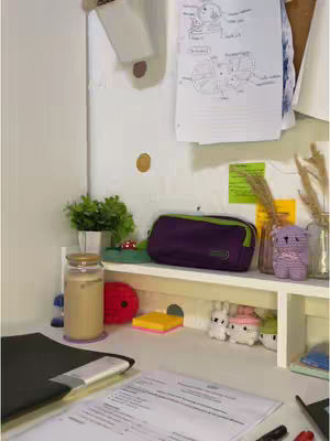 The cover image shows a well-lit desk with study materials. On the desk, there is a notebook, some printed papers, a jar of iced coffee, decorative stuffed animals, and a pencil case, giving a sense of a study space.