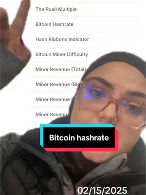 A selfie-style video cover image showing a woman in glasses holding up a peace sign. Behind her is a screenshot of a list of Bitcoin-related metrics. The image uses a muted color palette with some text overlayed.