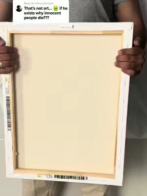 The video cover shows a person holding the back of a white canvas stretched over a wooden frame. The canvas itself is plain with a light cream color, and the wooden frame is visible around the perimeter. The person's hands are seen on either side, partially obscuring the sides of the canvas. There's also a comment box overlayed on the top left corner.
