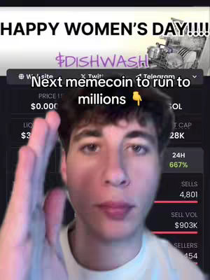 A young man is shown in a selfie style video. He has short brown hair, a neutral expression, and is positioned in front of a screen displaying financial data. The top of the screen shows a "HAPPY WOMEN'S DAY!!!!" message with an image of a dishwasher. Text overlaid on the image reads "Next memecoin to run to millions".