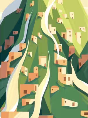 An illustrative image depicts a vibrant mountain landscape. The mountain is rendered with a gentle green gradient, and numerous small, light-brown buildings are scattered across its slopes. Flowing, creamy white shapes, possibly indicating pathways or stylized clouds, cascade down the mountain's surface. The overall composition has a strong, artistic feel with a limited, complementary color palette of green, brown, and white.