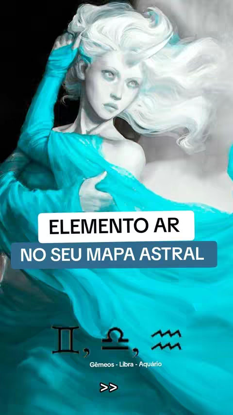 The image features a digitally painted woman, likely a depiction of a celestial being, centered in the frame. She has pale skin and light-colored, flowing hair that appears almost ethereal. She wears a long, cyan-blue flowing gown, adding to the celestial theme. The background is a gradient of teal and dark blue, with some hints of white, creating a stylized, dreamlike aesthetic. Overlayed at the bottom is the text "ELEMENTO AR" in bold, white letters, with a green subtitle and zodiac symbols representing Gemini, Libra, and Aquarius.
