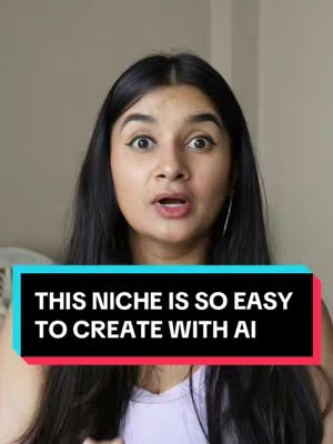 A woman with long black hair is centered in the frame. She has wide eyes and an open mouth, with a surprised expression. A text overlay in a black box with red and blue accents reads: 'THIS NICHE IS SO EASY TO CREATE WITH AI'. The background is a plain, neutral tone.