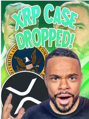 A cover image features a man with a surprised expression in the foreground against a background with overlaid logos and text; in the background there are two figures, one of them Donald Trump. The upper part contains text that states "XRP CASE DROPPED!" in a bold, green outlined font; on the left side there is a close up of what appears to be the SEC seal and a XRP logo behind the main figure in the bottom corner.