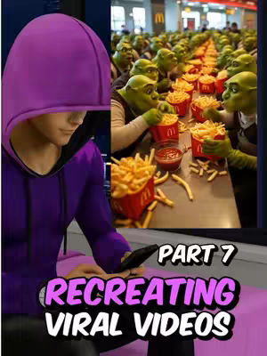 The cover image is split into two sections. On the left, it shows a person, possibly male, wearing a purple hoodie with the hood up, partially obscuring their face. On the right, a scene of people dressed as the animated character Shrek are sitting at a counter eating McDonald's fries and dipping them in sauce. Overlayed on the bottom is the text "RECREATING VIRAL VIDEOS PART 7" in a highlighted, stylized font with a purple and white color.