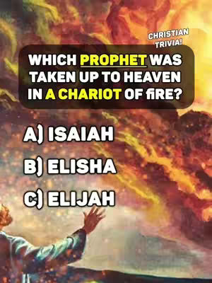 The image is a vertical graphic with a fiery, cloud-like background. A rectangular box with rounded corners dominates the center, containing a trivia question about a prophet. Below the question are three multiple-choice answers (A, B, C). The overall color scheme is warm, with prominent reds, oranges, and yellows, creating a dynamic and visually striking composition. At the top right, there is a small banner that says "CHRISTIAN TRIVIA!". In the lower-left corner, a figure is reaching upwards as if they are praising.