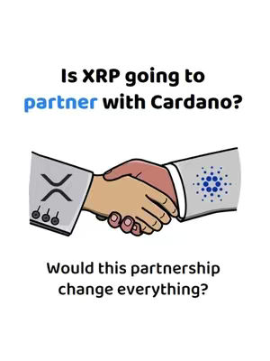 An illustration depicting a handshake between hands wearing sleeves bearing the logos of XRP and Cardano, set against a white background. The text overlay asks if XRP will partner with Cardano.