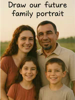 A family portrait is shown featuring parents and their two children smiling at the camera. The warm tones of the background suggest it was taken outdoors during the golden hour. A text overlay at the top states, 'Draw our future family portrait,' possibly suggesting a theme of artificial intelligence and prediction.